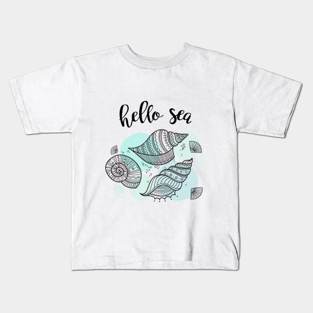 Hello Sea illustration with marine shells Kids T-Shirt by yuliia_bahniuk